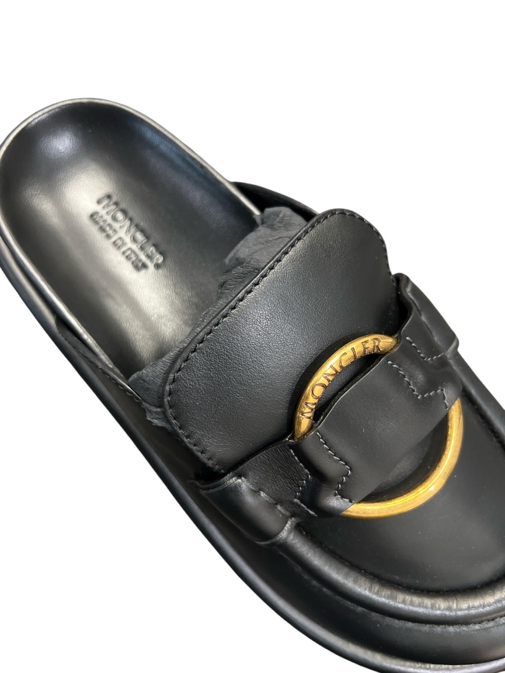 Moncler Bell Mule Black Leather Slip-On Mules with Gold Ring Accent - Picture 2 of 7